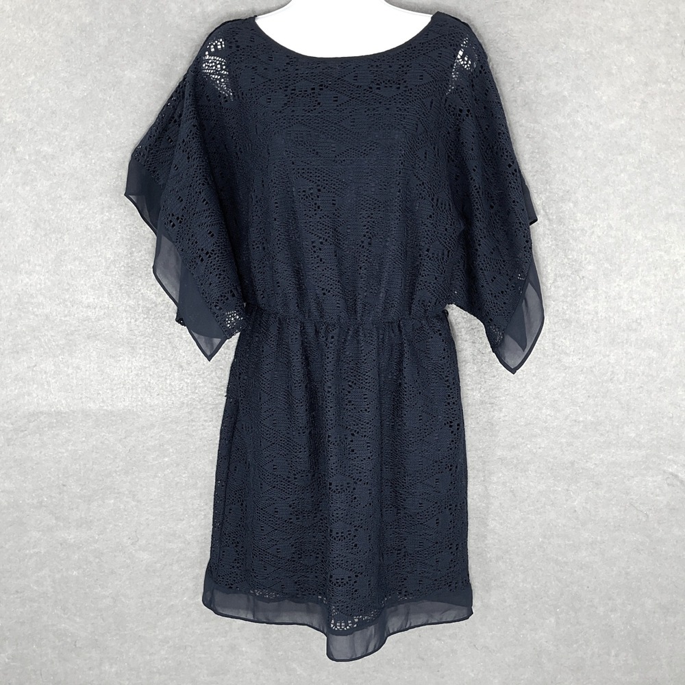 AB Studio Crochet Dress Navy Blue Sheer‎ Lined Party Cocktail Sz M Romantic